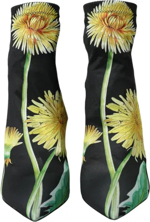 Dolce & Gabbana Black Floral Jersey Stretch Ankle Boots Womens Shoes