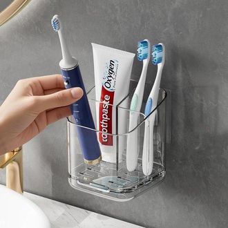 OEM Caja De Almacenamiento Transparente Para Ba&ntilde;o Con Compartimentos, Sin Necesidad De Taladrar, Para Cepillos De Dientes Y Cosm&eacute;ticos, Transparente
