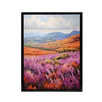 Artery8 Heather Fields in Scotland Landscape Framed Canvas Wall Art Print | Size: W24 x H32