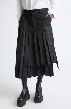 sacai Pleated Mixed Media Midi Skirt in Black at Nordstrom, Size 2