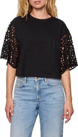 Sanctuary Belle Lace Sleeve Organic Cotton T-Shirt in Black at Nordstrom, Size X-Small