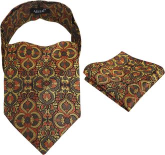 Alizeal Mens Cravat Tie Set Ascot Retro Floral for Banquet Party Tie and Pocket Square Set, Orange Red+Gold