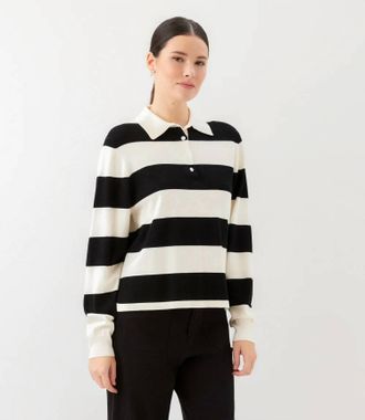 Karen Kane Game Day Collared Stripe Sweater In Off White With Black