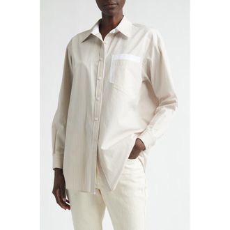 Lafayette 148 New York Stripe Oversize Cotton Poplin Button-Up Shirt in Oatmeal Multi at Nordstrom, Size X-Small