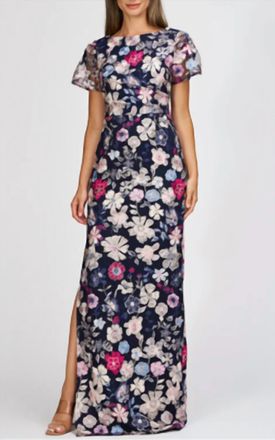 JS Collections Magnolia Pleat-Sleeve Gown In Navy Multi