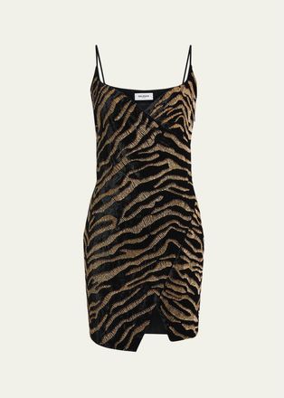 Balmain Sleeveless Tiger Embroidered Velvet Mini Wrap Dress