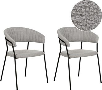 Beliani Set of 2 Modern Dining Chairs Fabric Boucle Upholstered Seat with Armrests Curved Back Black Legs Grey Mariposa