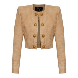 Balmain Cropped Suede Leather Jacket - female - Balmain - Leather Jackets - Beige - XS - Jackets