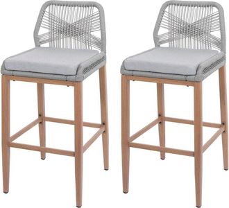 Hhg Hhg - Juego De 2 Taburetes De Bar De Cuerda 982, Asiento De Exterior De Cuerda De Metal Imitaci&oacute;n Madera, Gris Claro, Coj&iacute;n Gris Claro