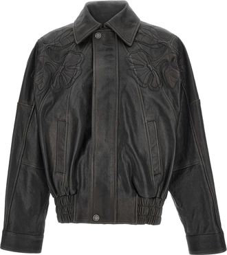 Golden Goose Leren bomberjack met geborduurde bloemen - Bruin