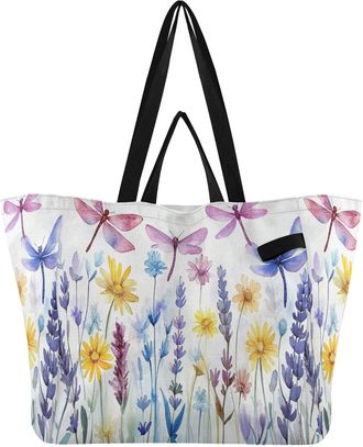 Generic Dragonfly Lavender Floral White pattern Reusable Canvas Tote Bag, Heavy Duty Grocery Shopping Bag with Large Capacity Double Handles Hard Bottom Work 
