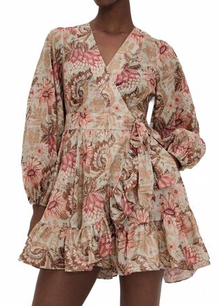 Zimmermann Daylight Mini Wrap Frill Dress In Stamp Floral Sage