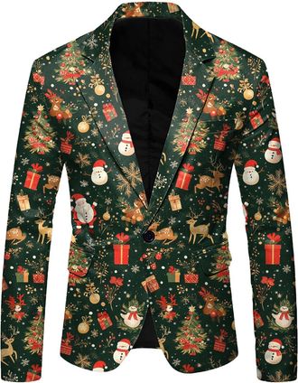 Generic Christmas Suit Jacket for Men Xmas Tree Print Blazer Slim Fit Long Sleeve Lapel Neck Jacket Holiday Party Casual Outwear Tops Blazer Jacket Fashion Ch