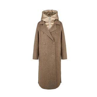Bomboogie Double-Breasted Coats, female, Brown, Size: M Long Double-Breasted Alpaca-Effect Wool Coat