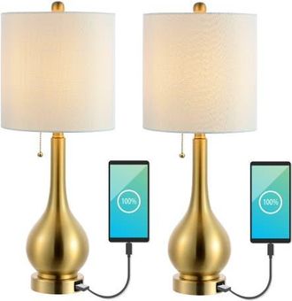 Jonathan Y Designs Tyler 24 Modern Classic Gourd Iron LED Table Lamp with Pull-Chain with Dual USB Charging Port in Brass Gold at Nordstrom