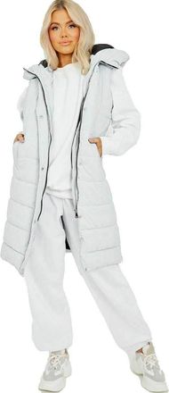 Generic Ladies Hooded Puffer Gilet Long Line Padded waistcoat (White, 8)