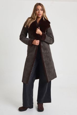 Boohoo Womens Longline Faux Fur Bonded Coat - Chocolate - Size 14 UK