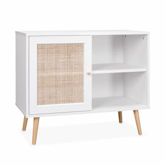 Sweeek Aparador estilo escandinavo con 1 puerta de ca&ntilde;a, 80cm, blanco roto