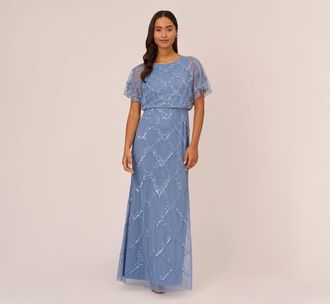 Adrianna Papell Hand-Beaded Blouson Long Gown With Flutter Sleeves In French Blue