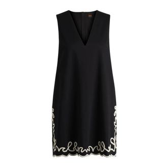 HUGO BOSS Hugo, Short Dresses, female, Black, Size: 2XL Cotton Dress with Contrast Embroidery