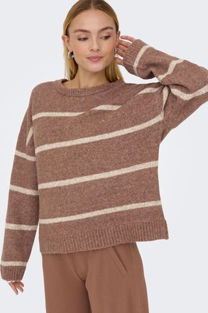 Only Strickpullover ONLY ONLOXFORD LIFE LS STRIPE O-NECK KNT, Damen, Gr. XL, friar braun stripes:humus, melange, Strick, Obermaterial: 86% Polyester, 7% Po
