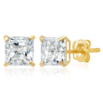 MAX + STONE 14k Yellow or White Gold Princess Cut Cubic Zirconia Stud Earrings 4MM to 7MM