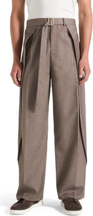 Mani&egrave;re De Voir Charles Wide Fit Wrap Leg Pinstripe Tailored Trousers in Taupe at Nordstrom, Size 32