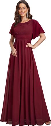 Ever-pretty Simple Chiffon Pleated A-Line Round Neckline Maxi Bridesmaid Dress Burgundy 18UK