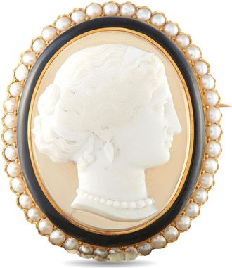 Luxury Bazaar Antique 18K Yellow Gold Hardstone and Pearl Cameo Brooch MF01-082426