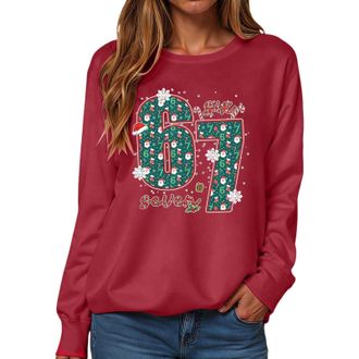 Generic Six Seven Christmas Jumpers for Women Christmas 67 Long Sleeve Sweatshirt Xmas Santa Six Seven Pullover Tops Red