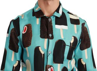 Dolce & Gabbana Mens Blue Silk Ice Cream Print Casual Shirt