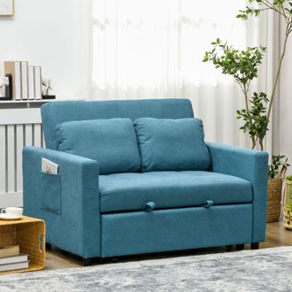 HOMCOM 2 Seater Sofa Bed Convertible Bed Settee with Cushions, Pockets in Blue