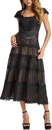 Tadashi Shoji Pintuck Pleat Embroidery Detail Cocktail Midi Dress in Black/beige at Nordstrom, Size 14