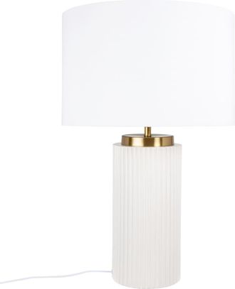 Maisons du monde Lámpara de cerámica estriada blanca y metal dorado con pantalla en poliéster reciclado blanca