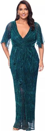 Betsy & Adam Metallic Ruffle Long Gown In Green