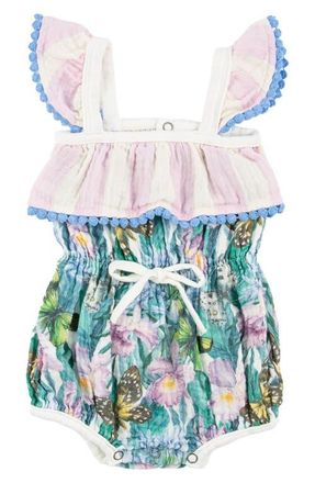 Miki Miette Willa Floral Ruffle Shoulder Bubble Romper in Wonderland at Nordstrom, Size 6M