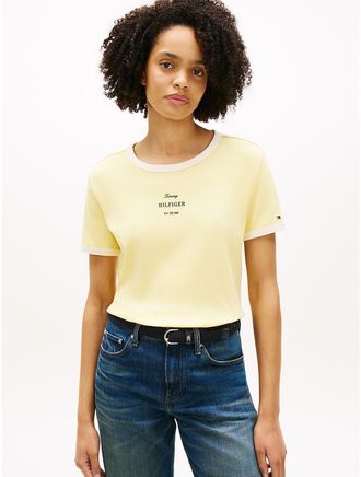 Tommy Hilfiger Womens Monotype Logo Ringer T-Shirt - Yellow - XXL