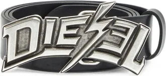 Diesel Black Lightning Bolt Design Metallic Buckle Silk-Nylon Blend Belt