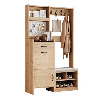 STILVORA Mueble De Entrada Con 2 Puertas, 1 Caj&oacute;n, 1 Hueco Abierto, 4 Ganchos Y Banco, En Tablero De Part&iacute;culas, 108.5 &times; 35 &times; 180 Cm