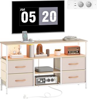 OEM Mueble De Tv Con Luz Led Y Enchufes Puertos Usb Estantes Abiertos 4 Cajones Plegables 120x30x67,5 Cm Beige Y Blanco