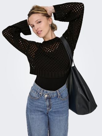 Only Strickpullover ONLY ONLSMILLA SHORT PULLOVER L/S KNT NOOS, Damen, Gr. M, schwarz, Strick, Obermaterial: 100% Polyacryl, unifarben, regular fit kurz, R