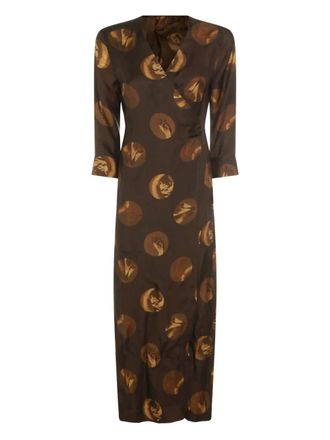 Uma Wang wrap printed dress - women - Viscose/Copper - M - Brown