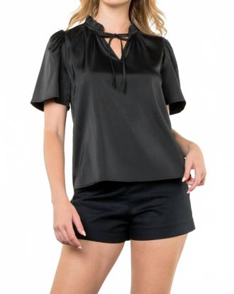 THML Clothing Faux Leather Tie Neck Top In Black