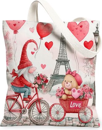 Generic Fun Valentines Day Gnome Canvas Tote Bag for Shopping 13x15, Cute Romantic Eiffel Tower Love Reusable Grocery Print Pattern Bag for Women, Couple Love