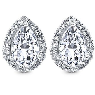 Pompeii3 1/2Ct Pear Shape Halo Screw Back Diamond Studs White or Yellow Gold Earrings