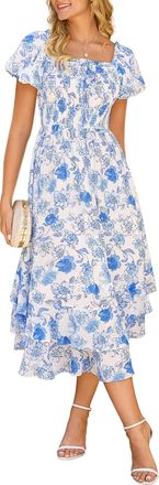Grace Karin Women Summer Floral Dress Puff Sleeve Square Neck Smocked A-line Maxi Dresses for Women UK Blue Floral XXL