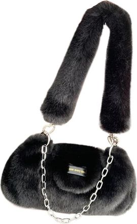Generic Womens Plush Bags Plush Shoulder Bag Solid Color Womens Ladies Armpit Bags Chain Female Handbag Purse(Black)