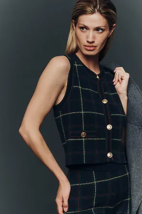 Saylor Tilden Sleeveless Knit Button-Front Top