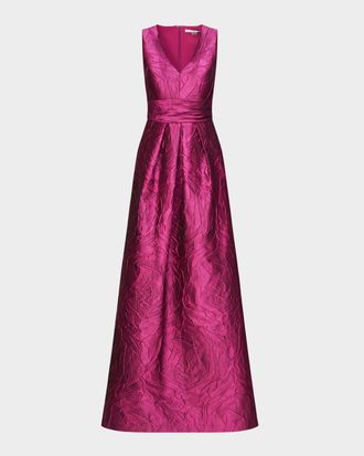 Kay Unger Mariah V-Neck Sleeveless Jacquard A-Line Gown