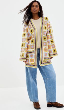 Contemporaine Womens Patchwork crochet open Cardigan Sweater